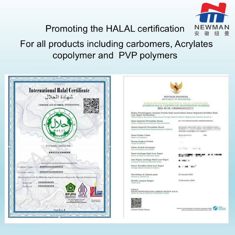 HALAL certification, Carbomer/Carbopol 974P/934P/971P/71G/10G/940/980 polymer, Acrylates/ Steareth-20 Methacrylate Copolymer,