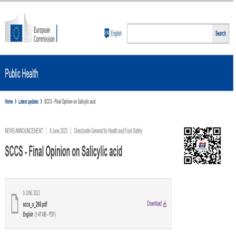 The European Scientific Committee on Consumer Safety (SCCS) issues final safety opinion on salicylic acid 